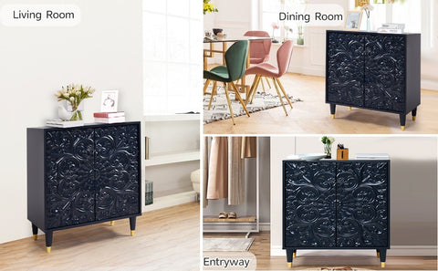 Blue Modern Wooden Storage Buffet Sideboard Cabinet with Engraved Design and Double Doors image2