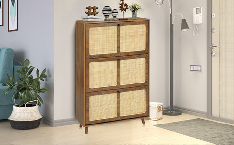 Natural Rattan Shoe Cabinet with 3 Freestanding Flip Drawers image2