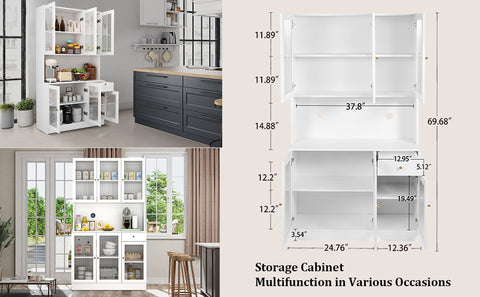 Kitchen Pantry Storage Cabinet White with 6 Cabinets and 1 Drawer detailed image2