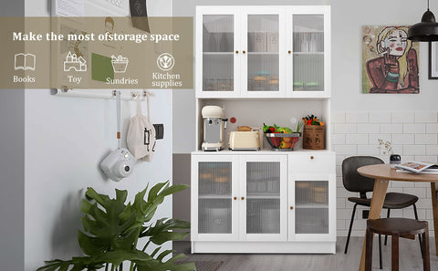 Kitchen Pantry Storage Cabinet White with 6 Cabinets and 1 Drawer detailed image1