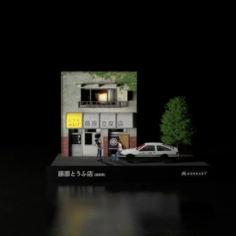 1:64 Diorama Car Garage Model LED Lighting Japanese City Tofu Shop Street View With Acrylic Cover Figures Model