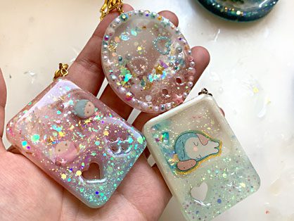 sparkly charms made with polymer clay and uv resin