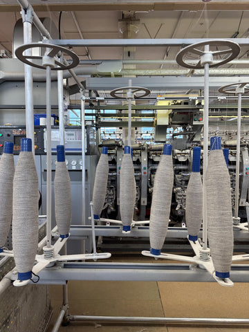 Undyed Alpaca yarn going onto the spools for weaving