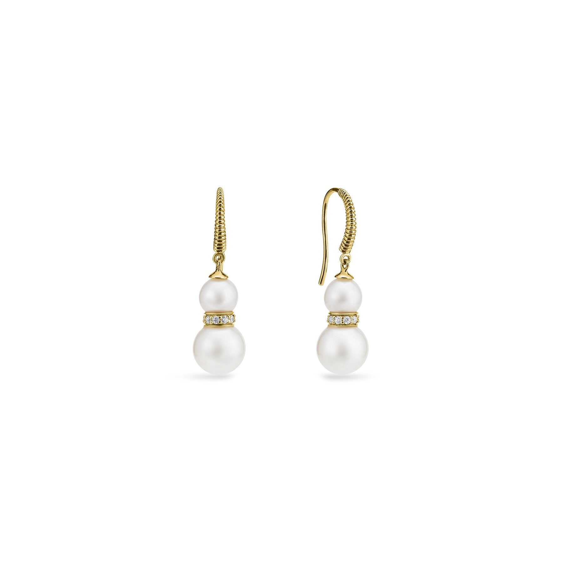 SHIMA DOUBLE DROP EARRINGS WITH FRESHWATER PEARLS AND DIAMONDS IN 18K