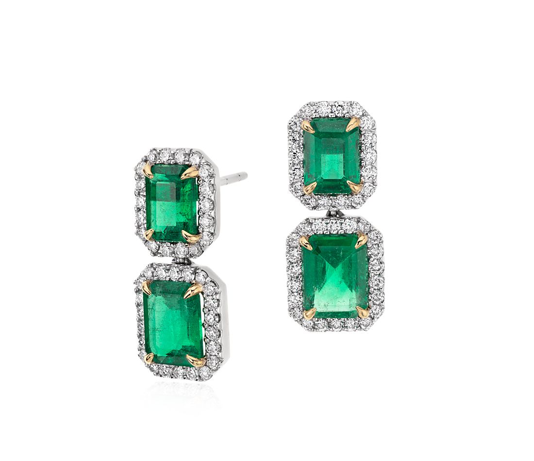 Emerald-cut Emerald Earrings with Pave diamond Halo