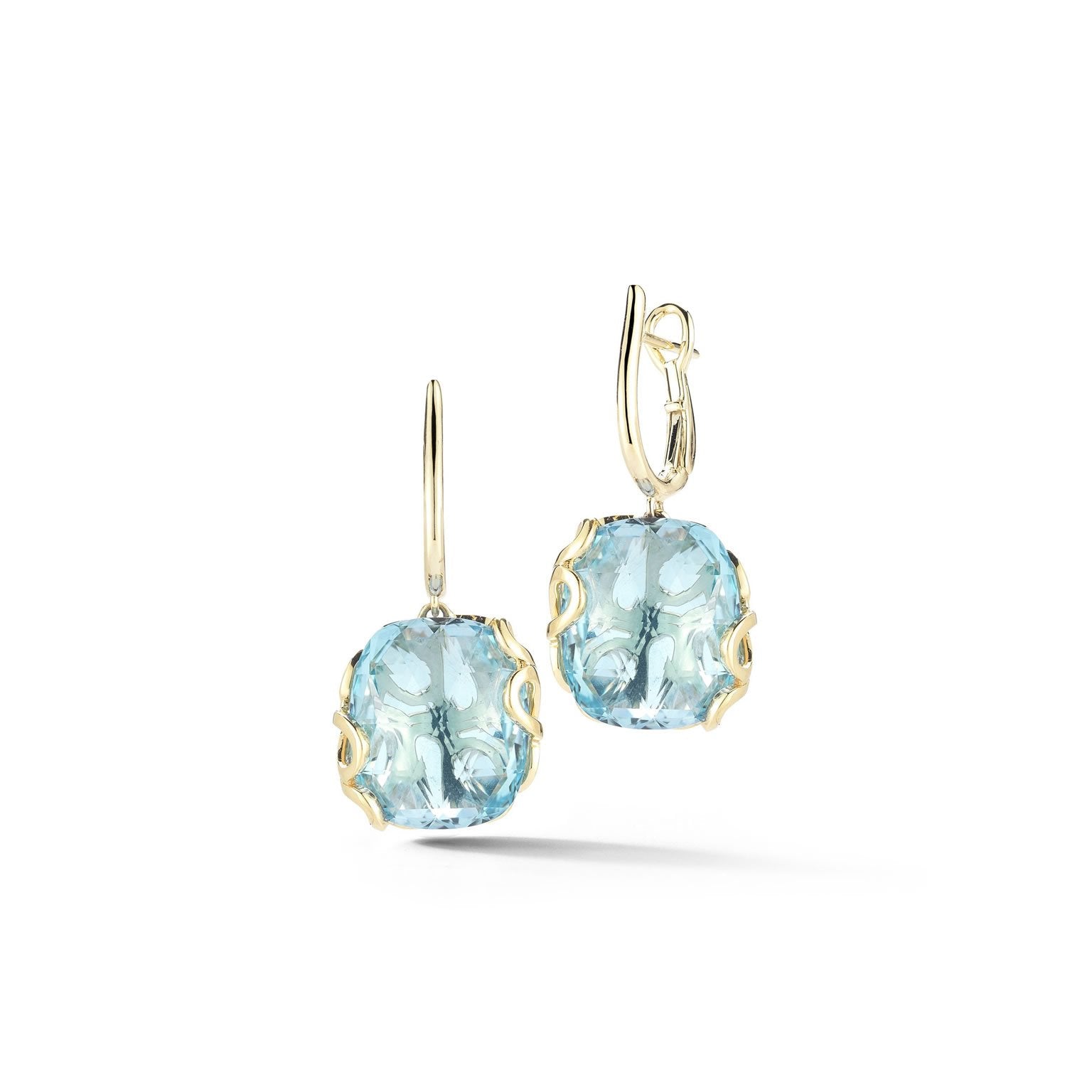 Sea Leaf earrings in 18K yellow gold with leaf motif back and blue topaz