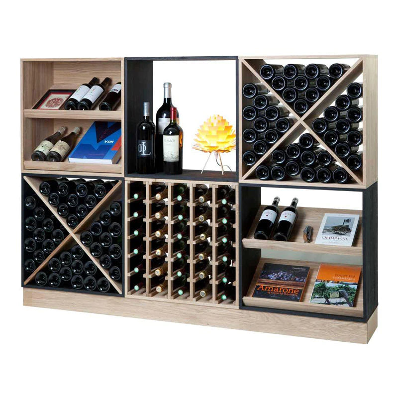 Six Caverack wine rack modules stacked to display over 100 bottles of wine