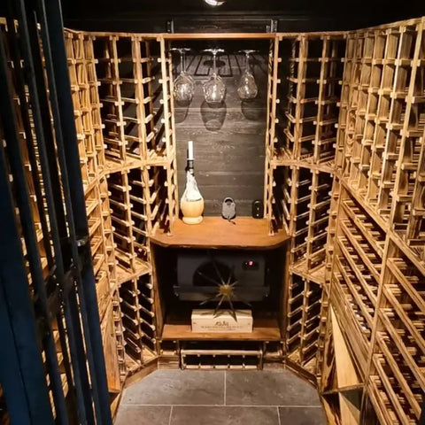 Caverack Modular Wine Racks creating a U Shaped wine wall in a small wine cellar