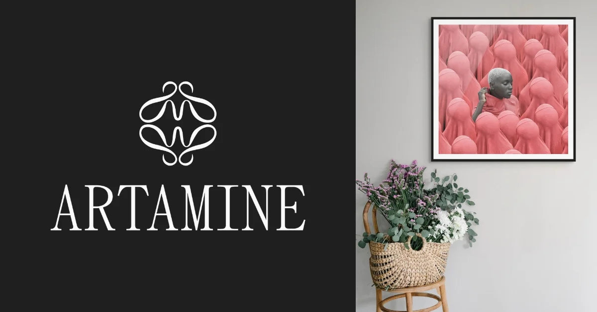 Artamine logo next to a framed artwork titled "Rebel" above a basket of flowers.