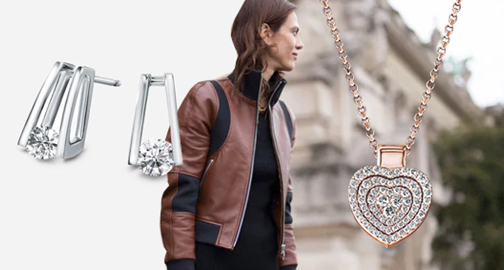 Shimansky Millennium diamond earrings with a woman waering a leather jacket in the background