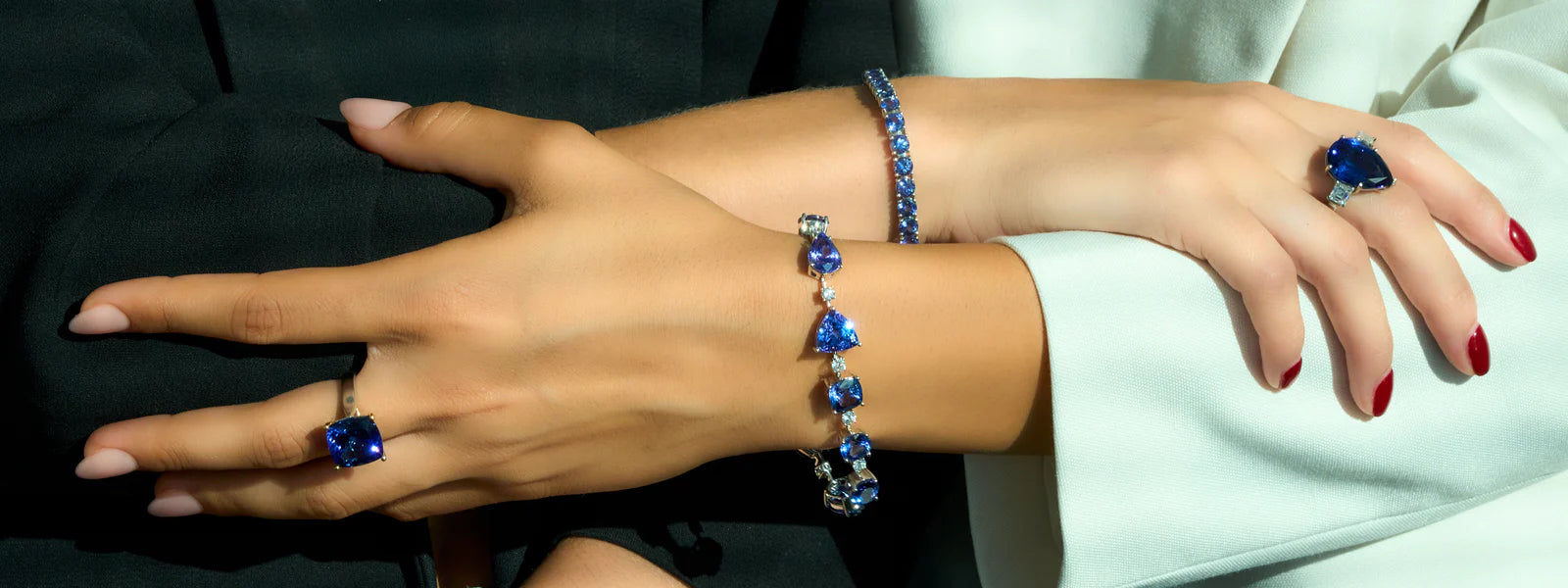Shimansky models wearing Tanzanite and Diamond bracelets and rings