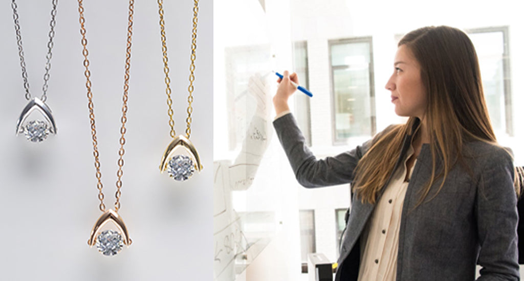 Woman drawing statistics on a white board with Shimansky jewellery on the side