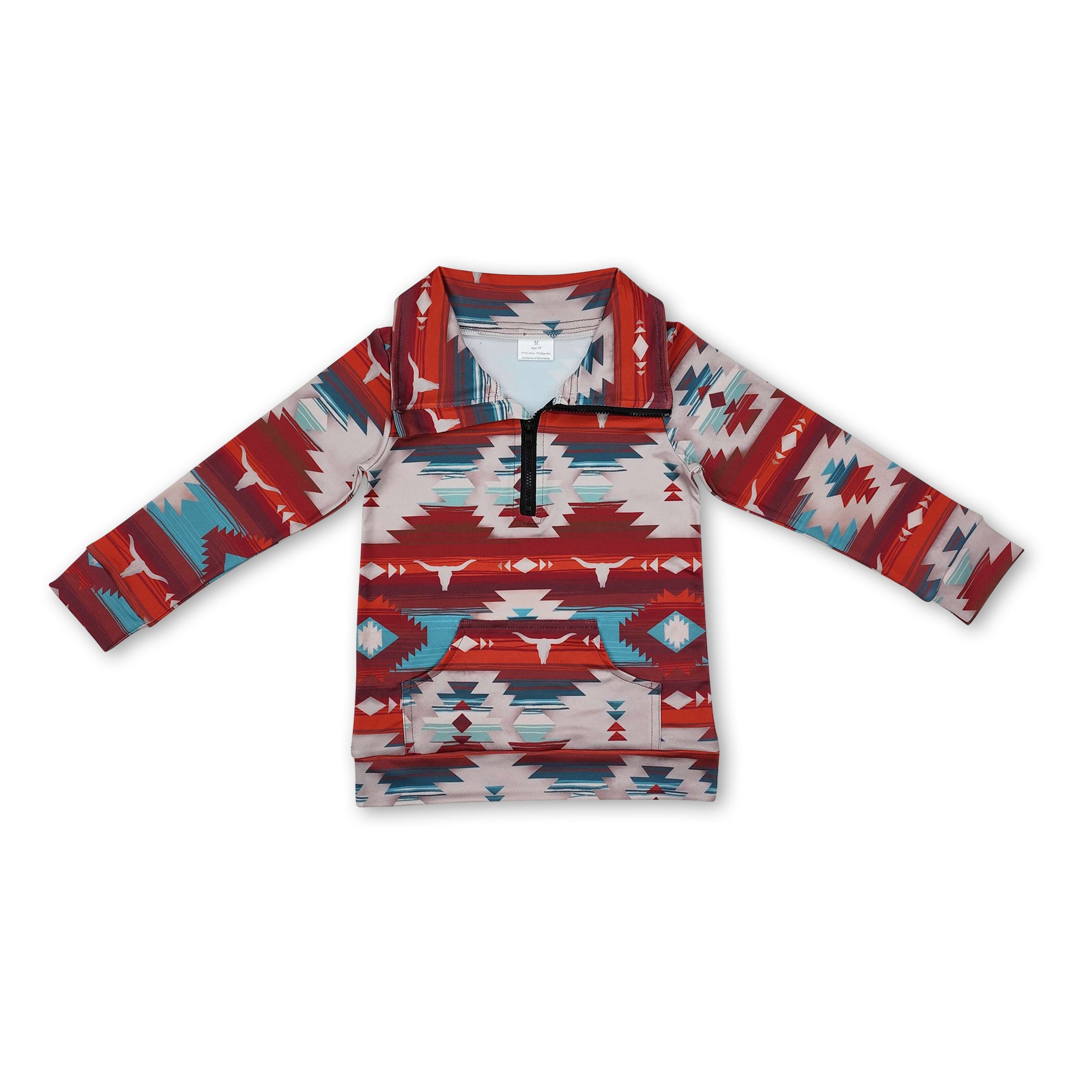brown turquoise aztec bull SKULL kids western zip pullover