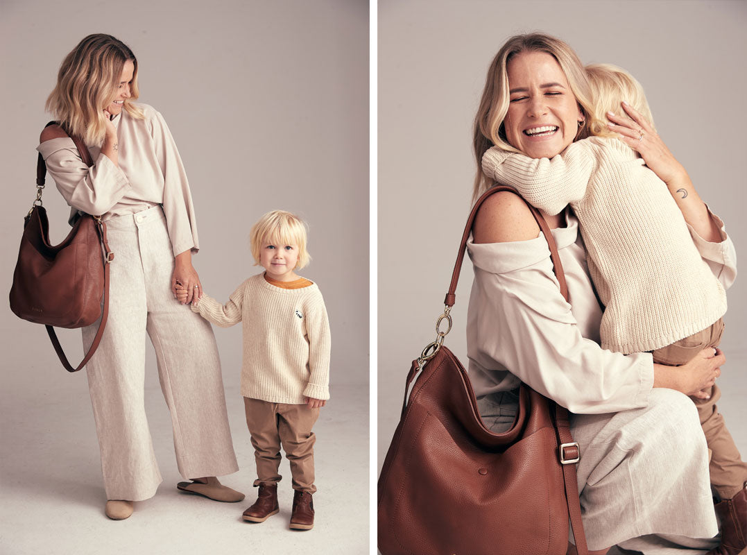 Abbylee Bonny wearing Bex handbag in chestnut with son Cas for Saben Mothers Day campaign