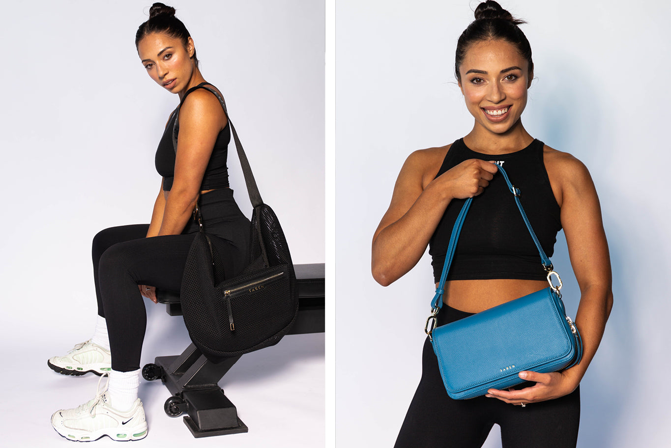 Amber Reid models Saben Warrior gym bag and Brooklyn handbag in blue