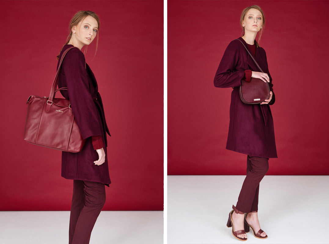 Saben bordeaux model image to showcase burgundy pieces