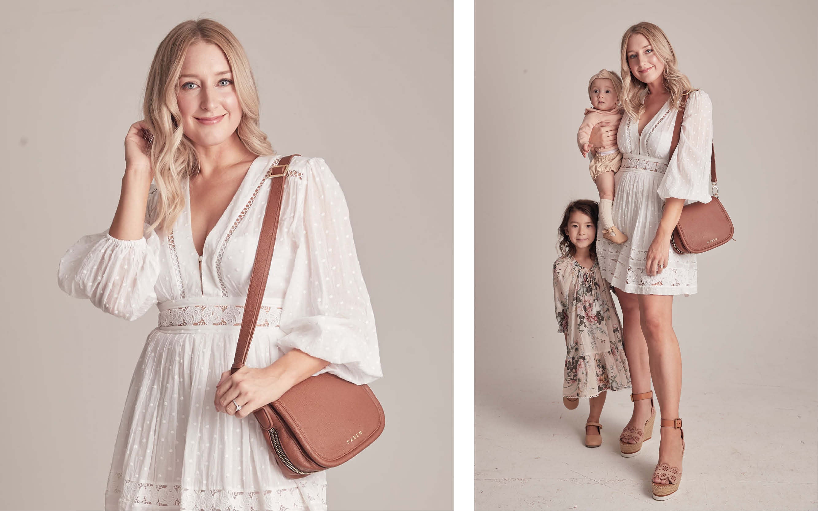 Holly Wright wears Saddie chestnut handbag for Saben Mothers Day Campaign