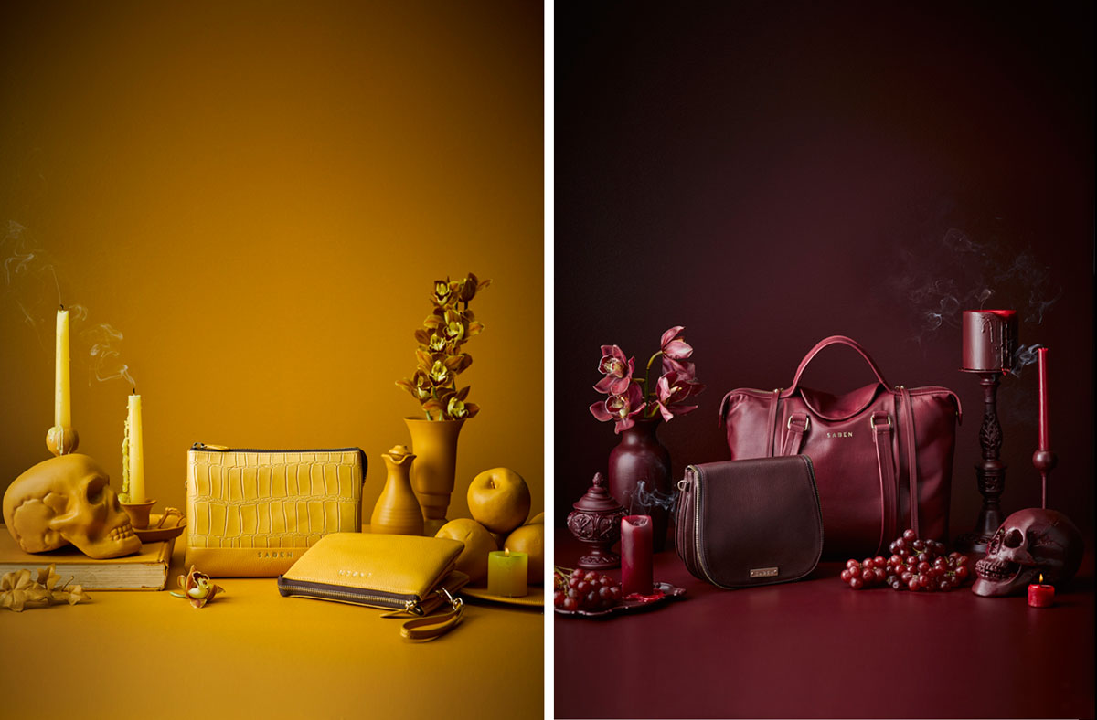 Saben leather accessories Autumn Winter 18 mustard and bordeaux campaign image styled by Amber Armitage