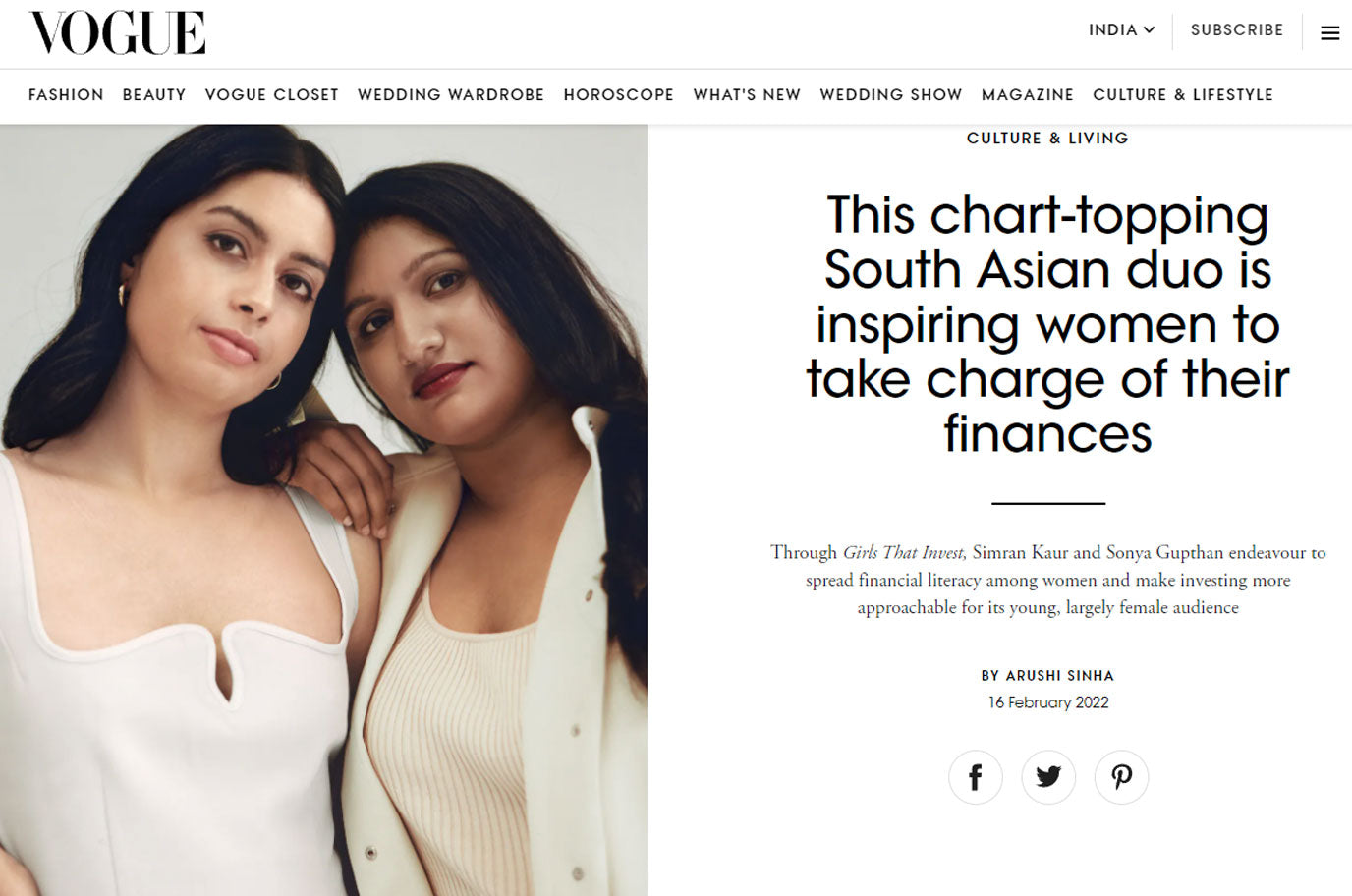 screenshot of vogue article girls who invest