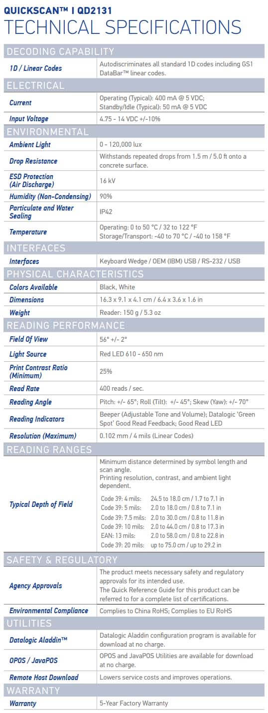 Datalogic QuickScan QD2131 data sheet