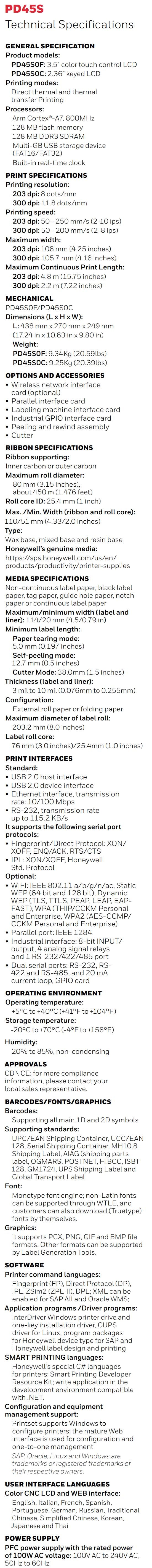 Honeywell PD45S Industrial Printer datasheet