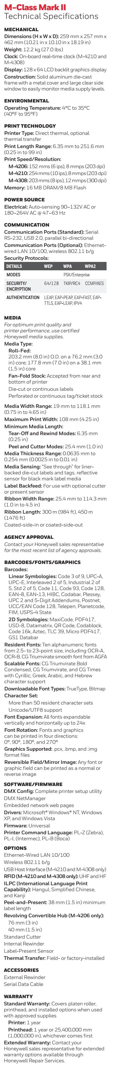 Honeywell M-Class Mark II Industrial Printer M-4206_M-4210_M-4308 datasheet