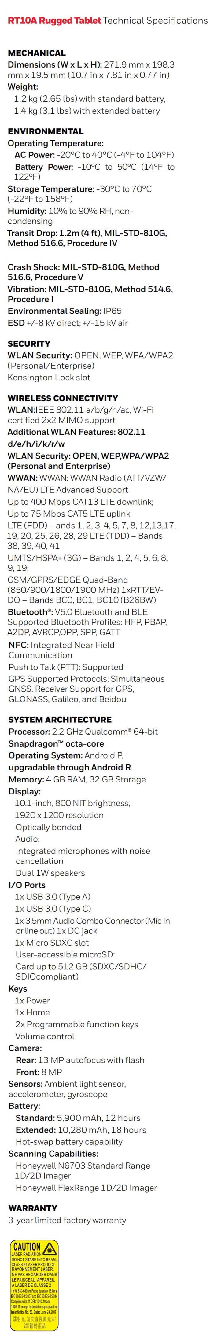 Tableta robusta Honeywell RT10A 1D / 2D de 10 pulgadas - Ficha técnica de Android