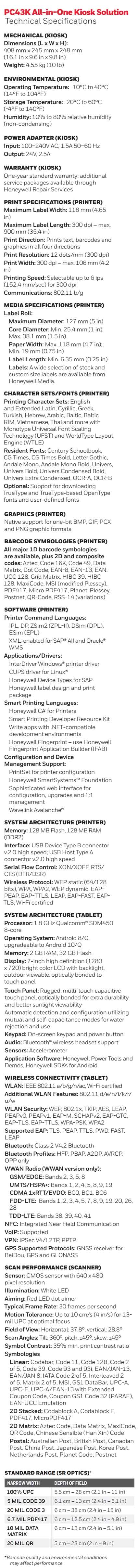 Hoja de datos de la impresora de escritorio Honeywell PC43K Kiosk Solution