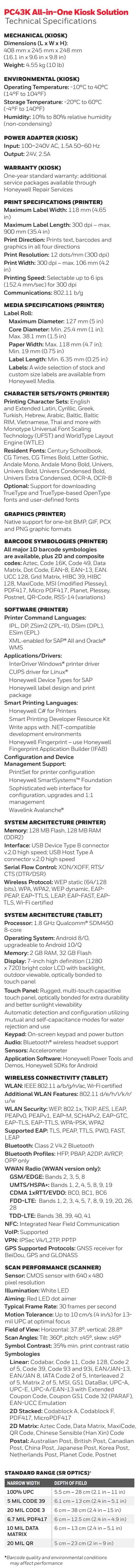 Fiche technique de l'imprimante de bureau Honeywell PC43K Kiosk Solution