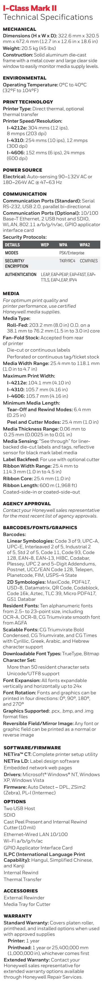 Honeywell I-Class Mark II Industrial Printer datasheet