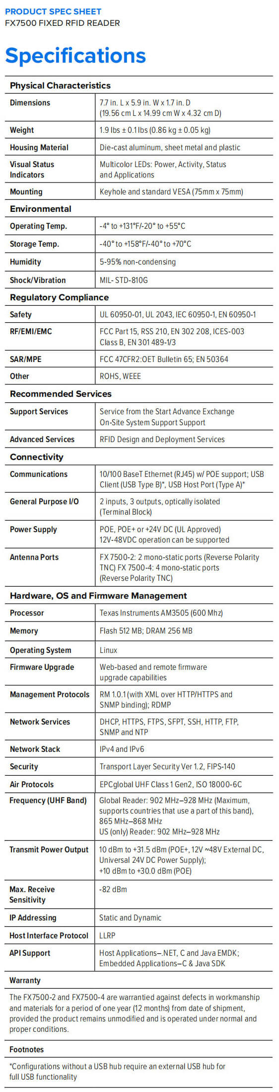 Fiche technique du lecteur RFID fixe Zebra FX7500