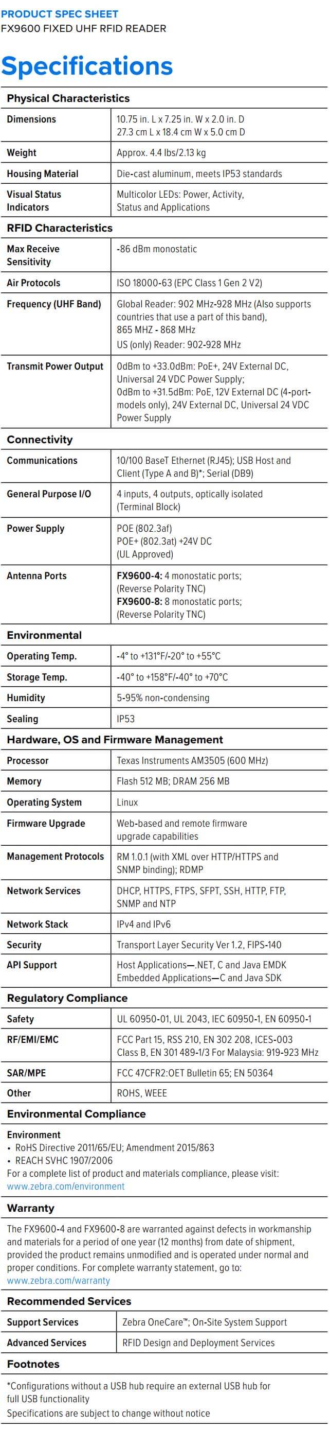 Zebra FX9600 Fixed UHF RFID data sheet