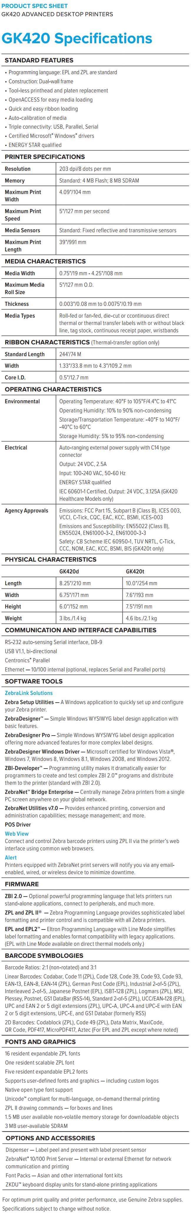 Zebra GK420 data sheet