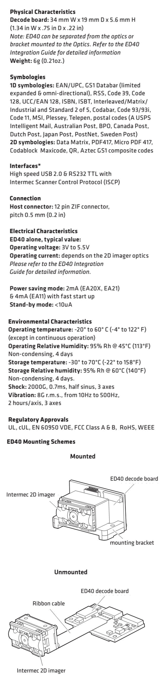 Fiche technique de la carte décodeur 2D Honeywell ED40