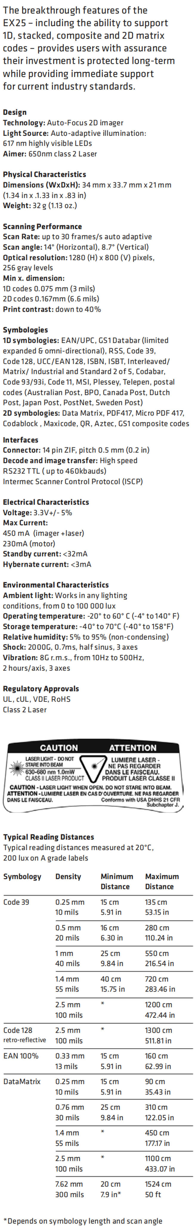 Fiche technique du moteur de numérisation 2D Honeywell EX25