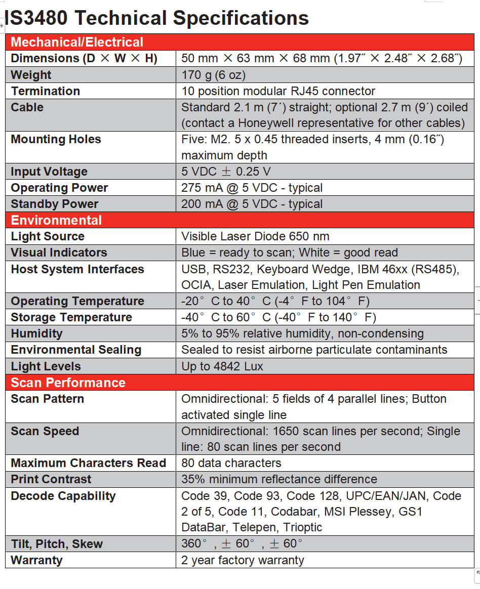 Fiche technique du module d'imageur 1D Honeywell IS3480