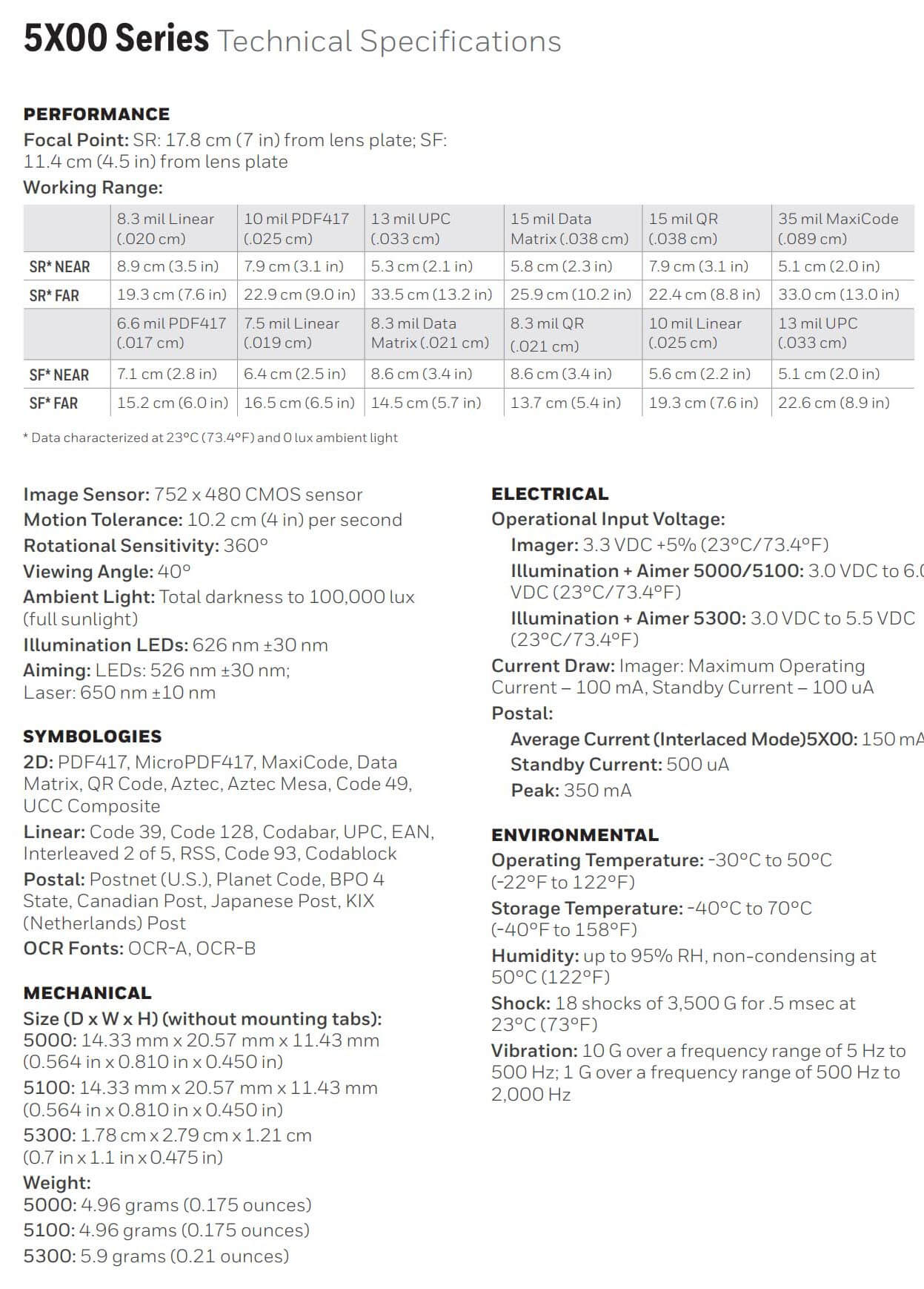 Honeywell N5X00 Series 2D Scan Engines Datasheet