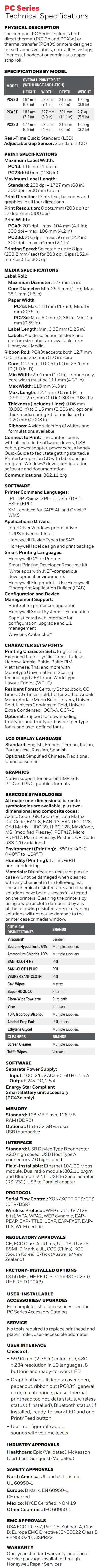 Honeywell PC23D PC43D PC43T Desktop Direct Thermal Barcode Printer datasheet
