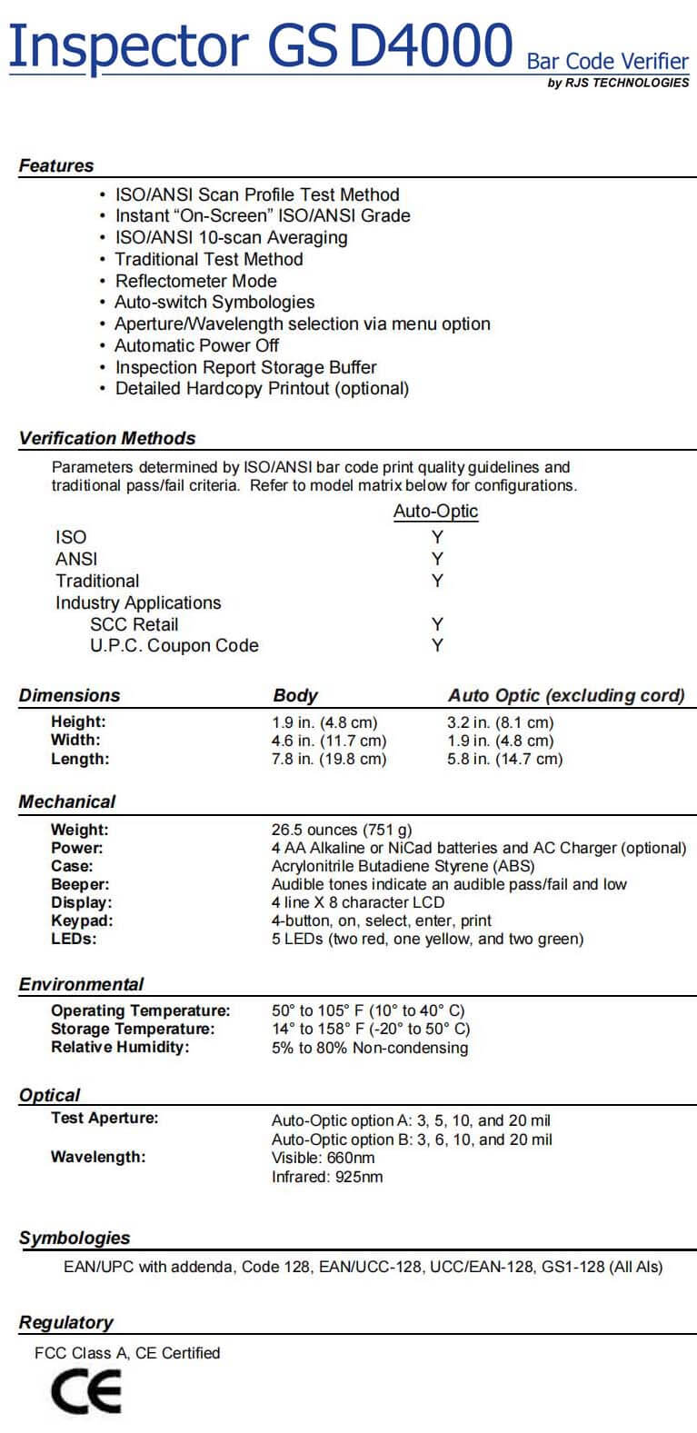 RJS Inspector GS D4000 Auto-Optic Data Sheet