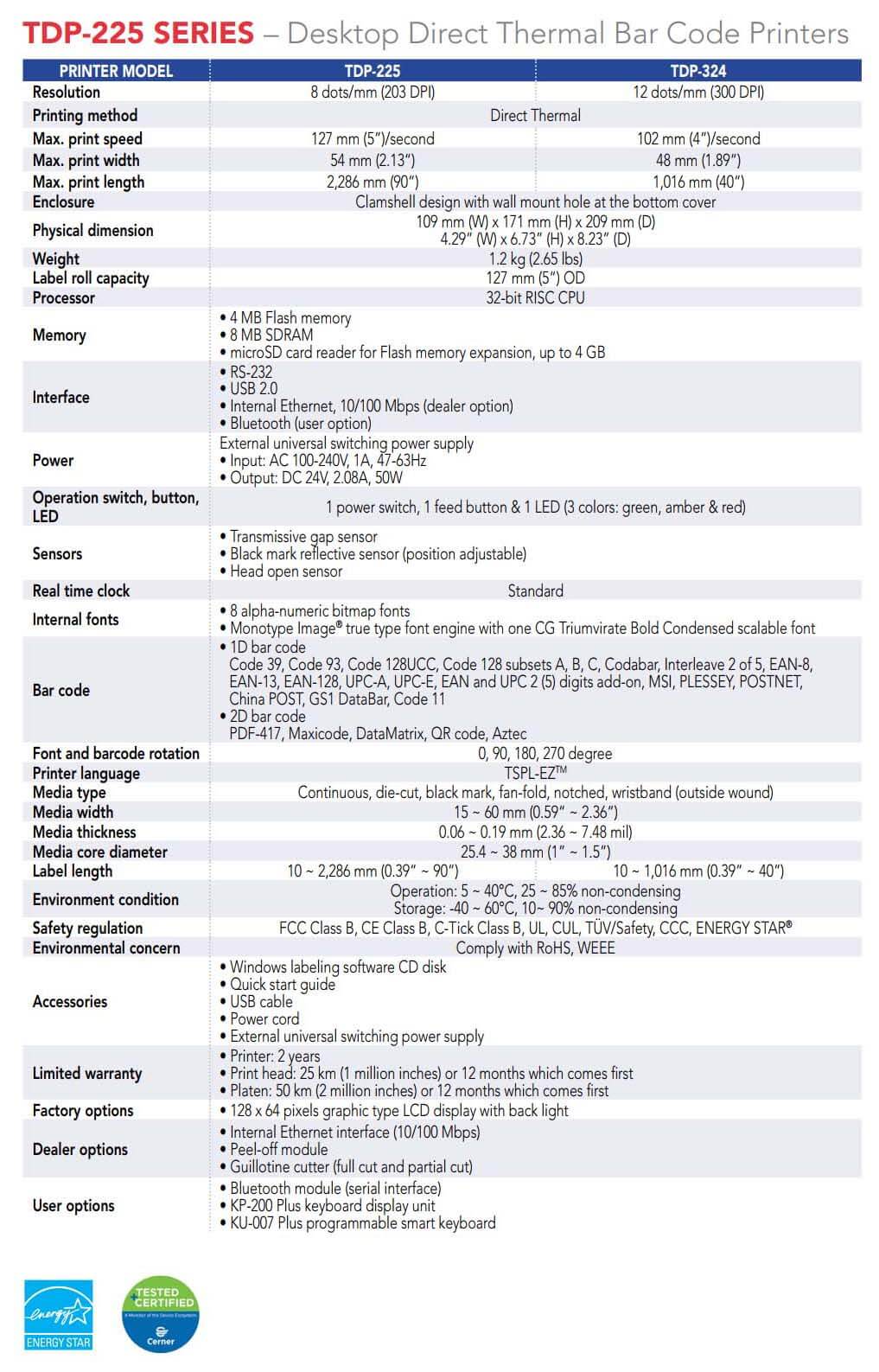 Imprimante de bureau TSC TDP-225_324 Fiche technique beige