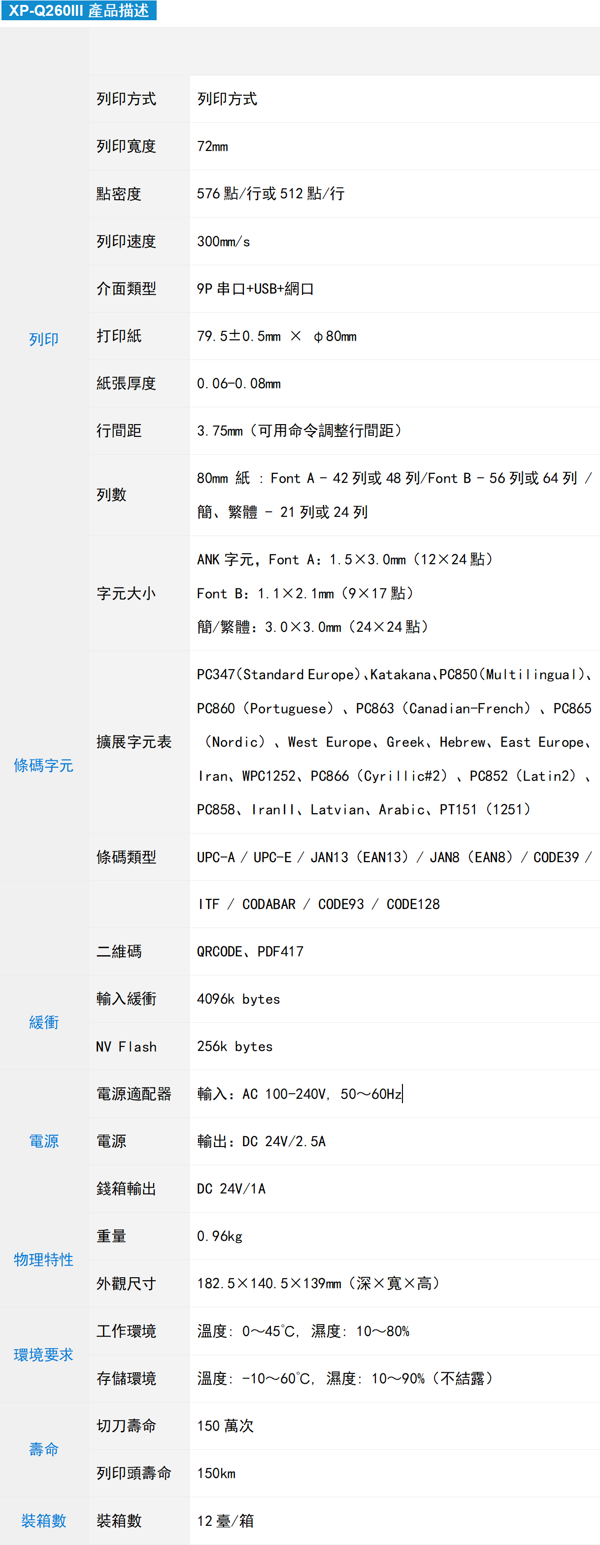 Xprinter Q260III data sheet