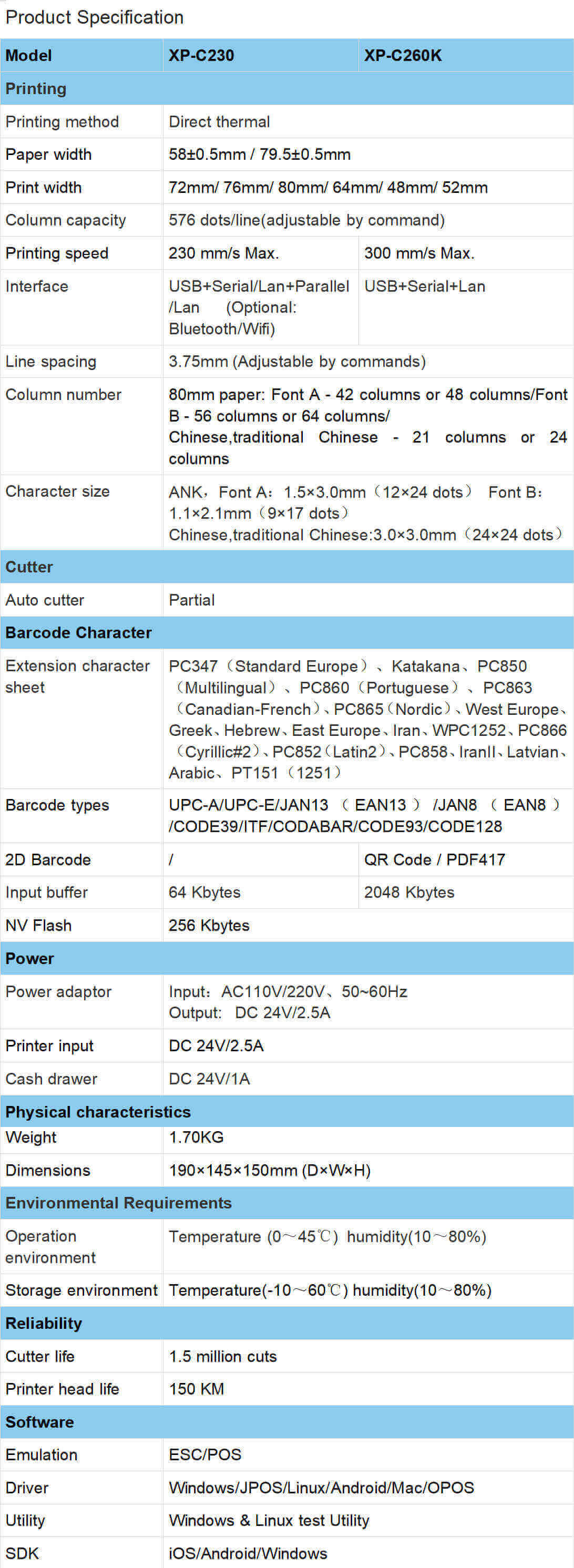 Xprinter XP-C230 _C260 product specification