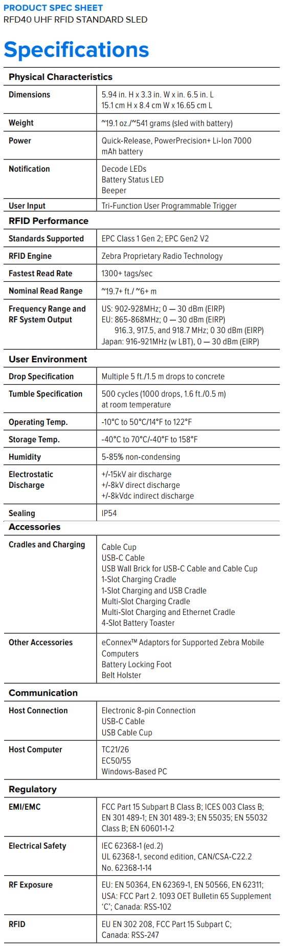 Zebra RFD40 UHF RFID Standard Sled data sheet