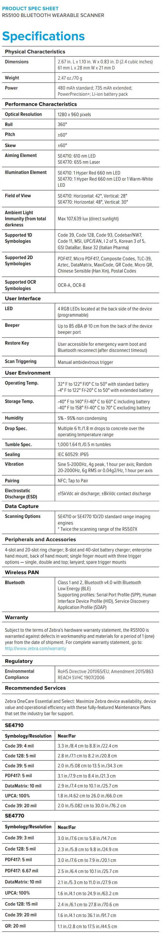 Zebra RS5100 data sheet