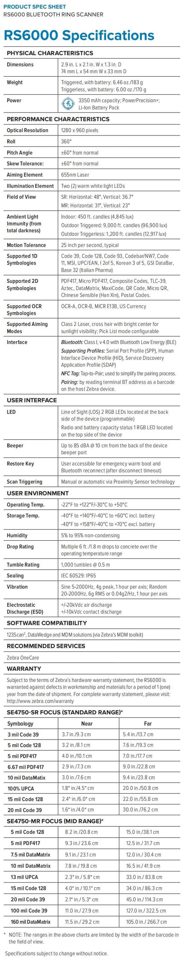 Zebra RS6000 data sheet