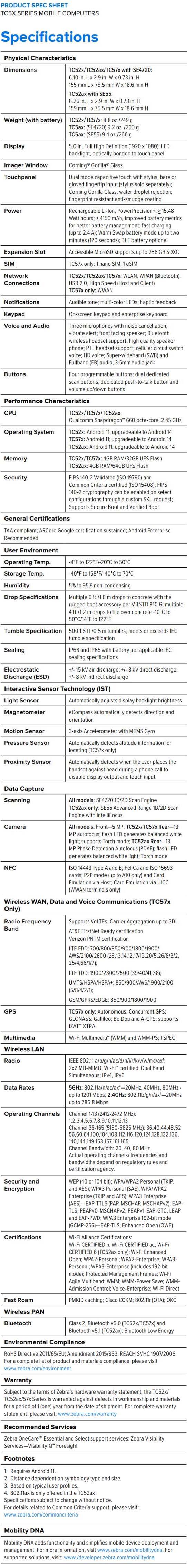 Zebra TC5x series mobile computers front TC52x_TC57x data sheet