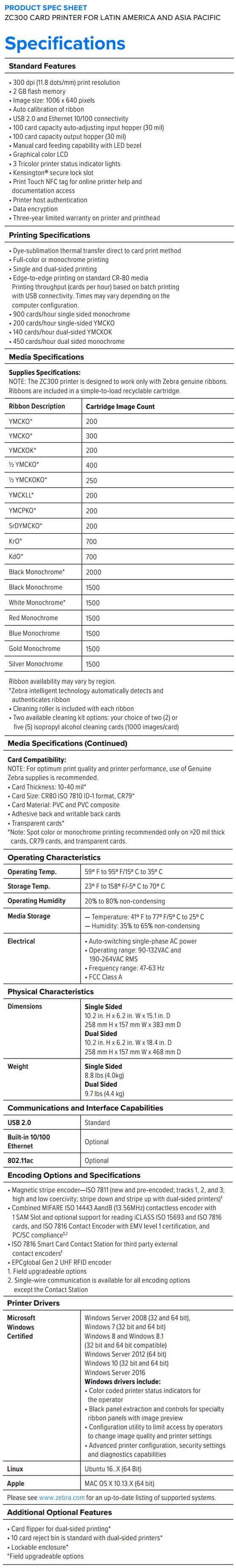 Ficha técnica de la impresora de tarjetas Zebra ZC300