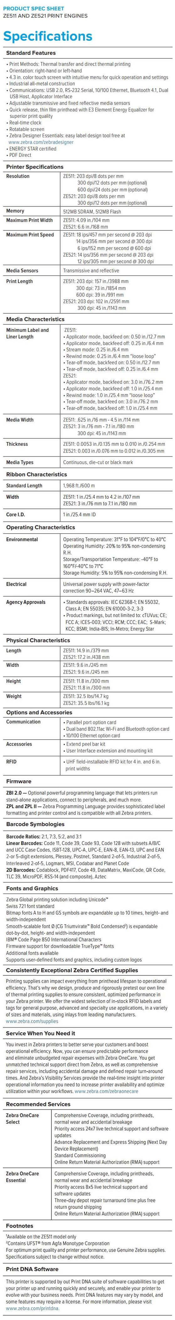 Hoja de datos de motores de impresión Zebra ZE511 ZE521