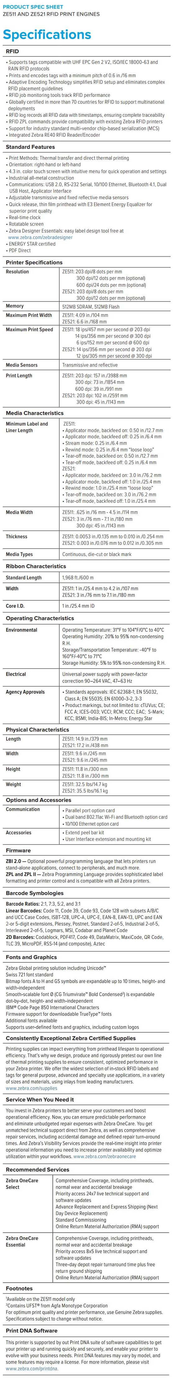 Fiche technique des moteurs d'impression RFID Zebra ZE511_ZE521