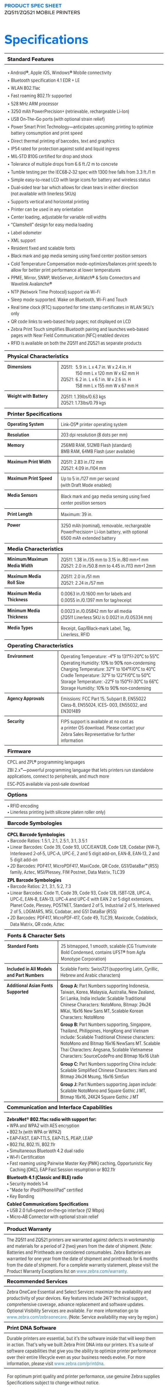 Fiche technique des imprimantes mobiles Zebra ZQ511_ZQ521